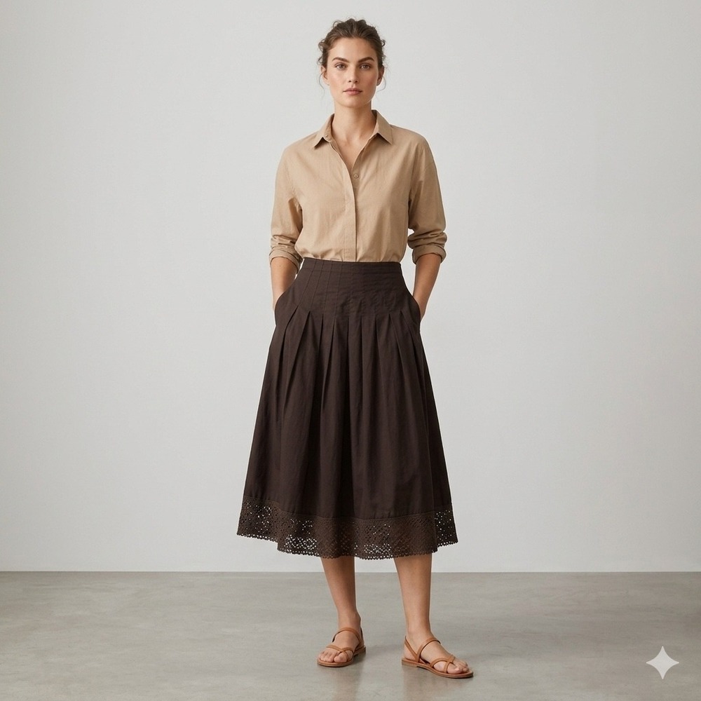 Jones New York Skirt Womens 6 Brown Pleated Crochet Hem Boho Dark Academia